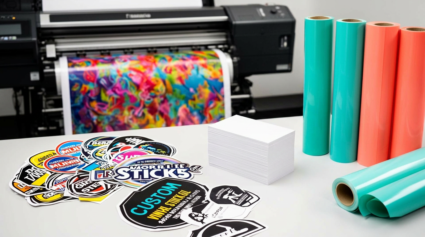 Custom printing studio with banners, stickers and signage